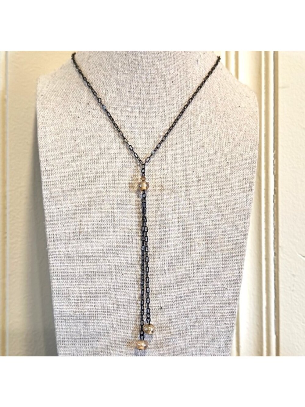 Vintage Pale Yellow Artisan Glass Bead Y Necklace Black Steel 16" L 4" Lariat